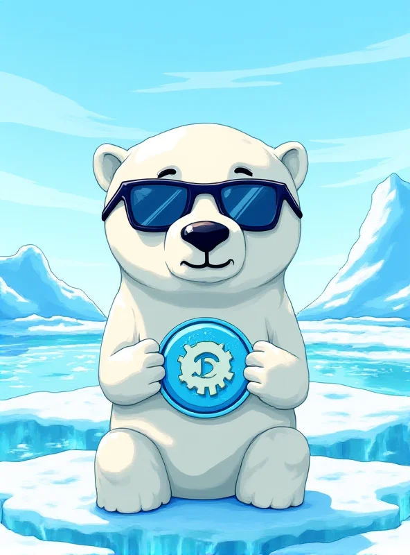 Illustration of a polar bear wearing sunglasses, holding a cryptocurrency coin with the NORDO logo, set against a backdrop of melting glaciers in Greenland.