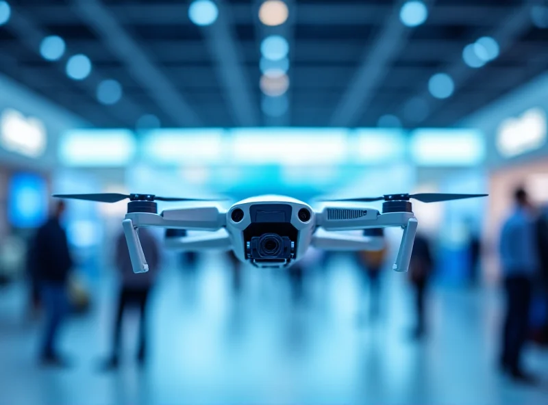 A sleek, modern drone hovering in a bright, open exhibition space. The drone is primarily white with blue accents. In the background, there are people and company booths, suggesting a technology trade show.