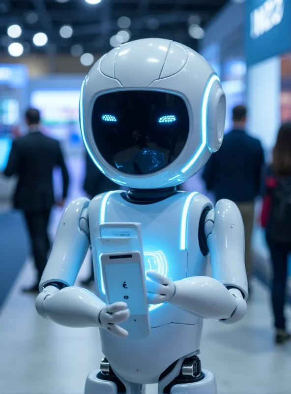 A sleek, white humanoid robot holding a modern smartphone. The robot is in a brightly lit exhibition space, surrounded by people and display booths. The background includes blurred logos and branding, consistent with a tech conference.