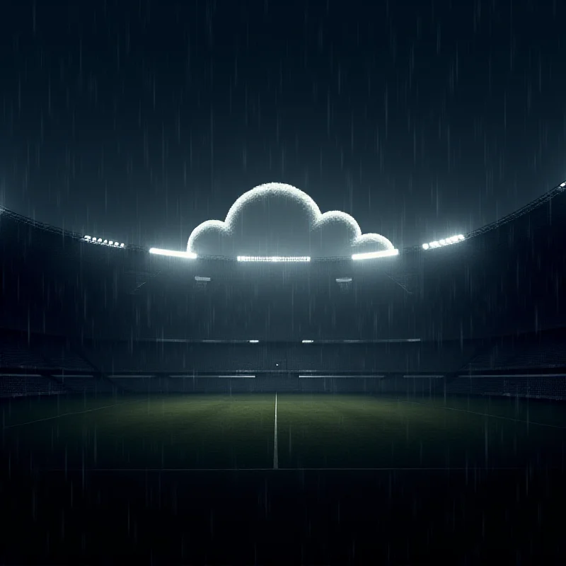 A digital illustration depicting a football stadium in the background, with a large, opaque Cloudflare logo superimposed over the foreground. The scene is dark and dramatic, symbolizing the conflict between LaLiga and Cloudflare.