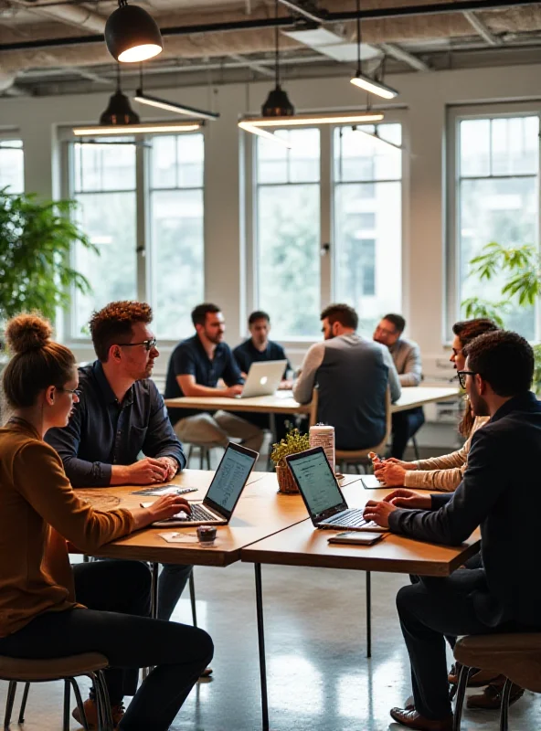 A person working on a laptop in a modern co-working space, surrounded by other people working