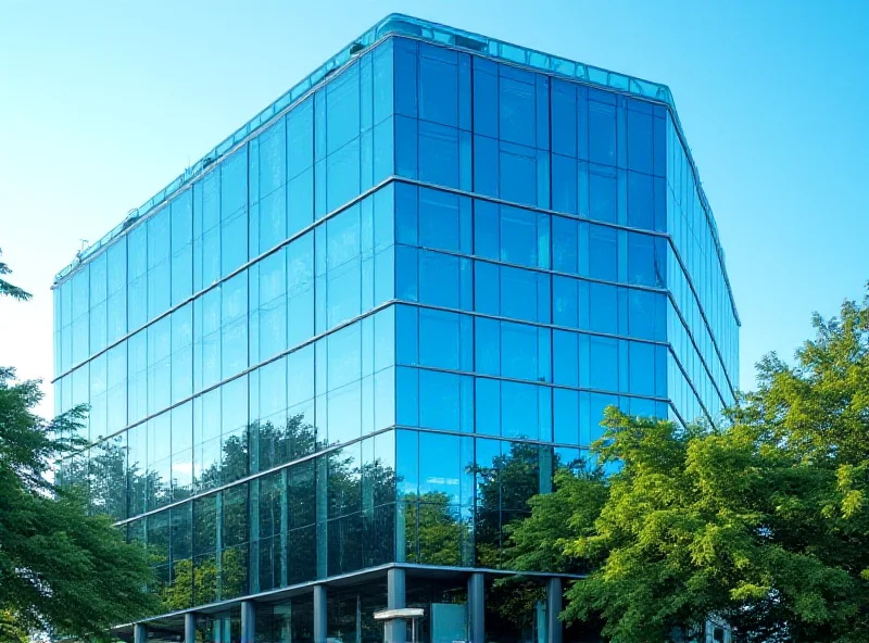 Modern office building with glass facade reflecting the sky, surrounded by greenery