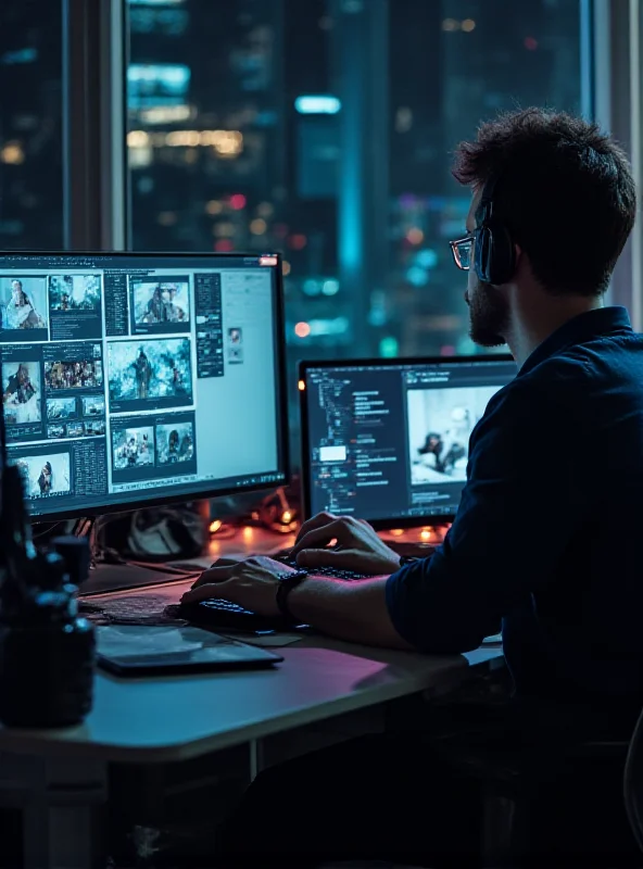 A coder working on a video annotation project, with Vidformer displayed on the screen. Multiple monitors show different video frames.