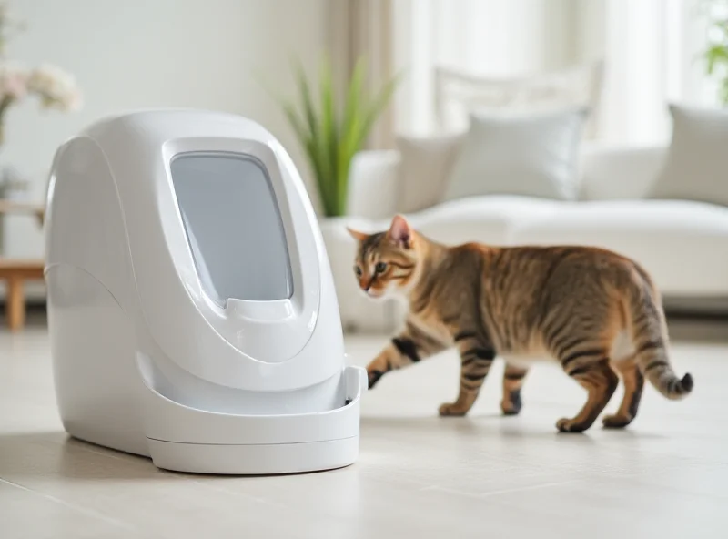 An automatic litter box in a modern home setting, with a cat casually walking by.