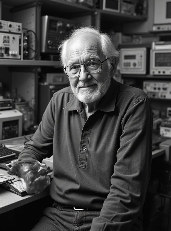 Black and white portrait of Robert Noyce in a lab setting, surrounded by electronic equipment.