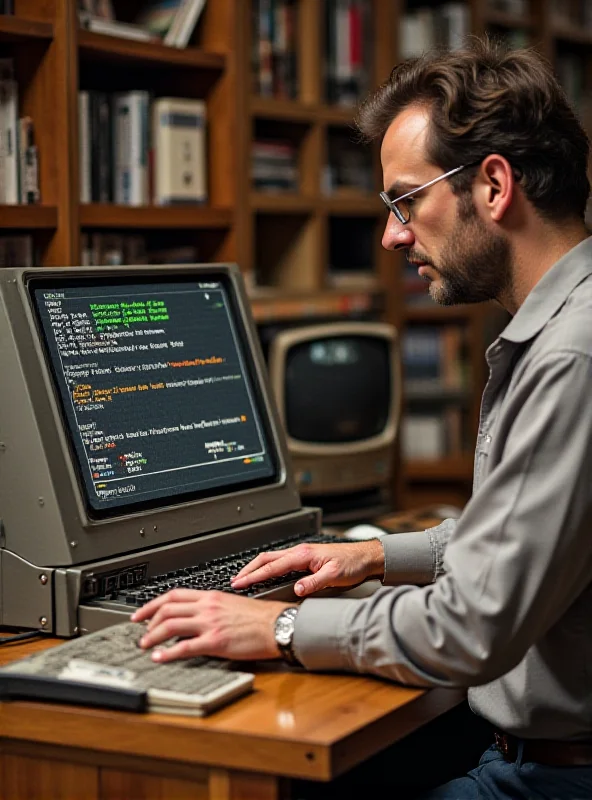 A vintage Altair 8800 computer on a wooden desk with a programmer typing on a keyboard.