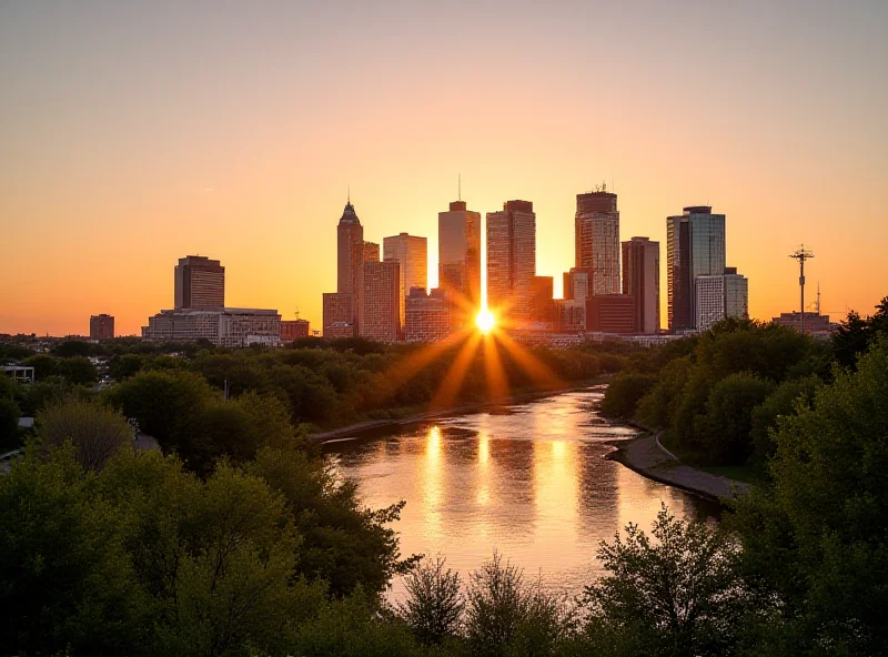 A modern cityscape of Tulsa, Oklahoma, with skyscrapers and a river running through it.