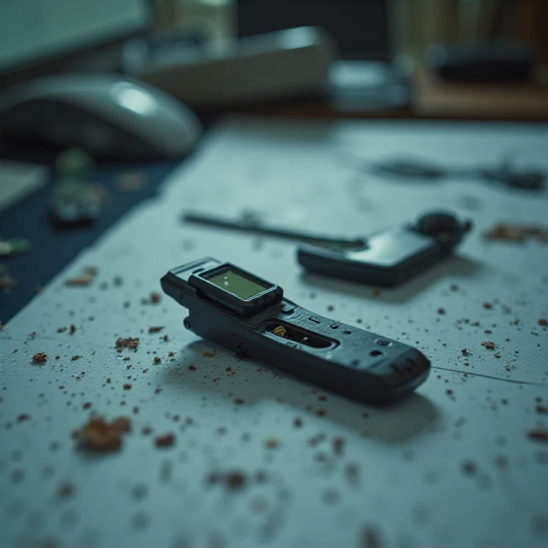 Close-up of a discarded Humane AI Pin on a desk, symbolizing the end of its functionality.