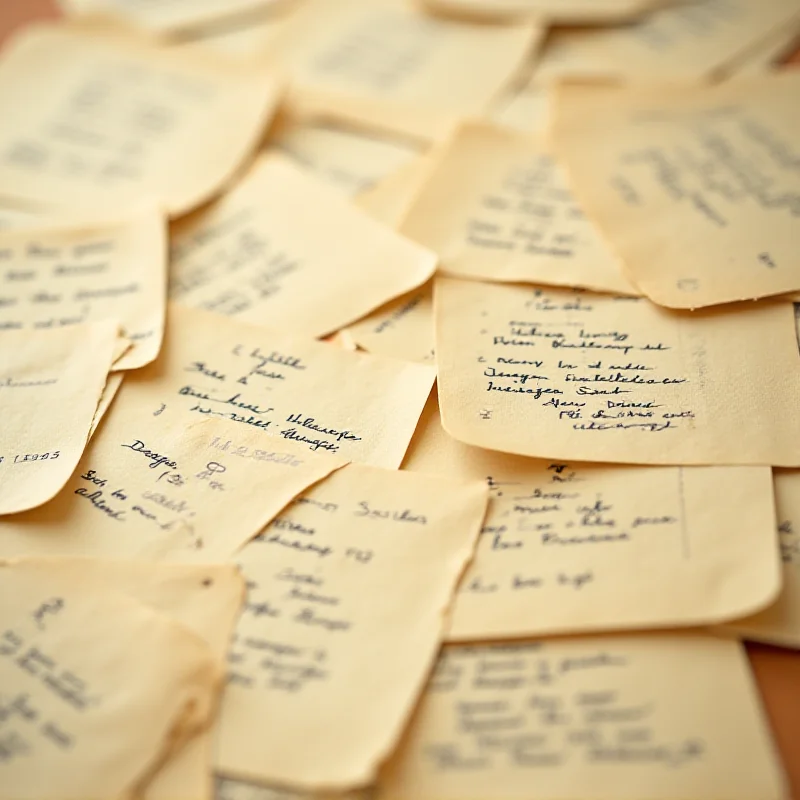 A close-up shot of a collection of vintage index cards, filled with handwritten notes and annotations.