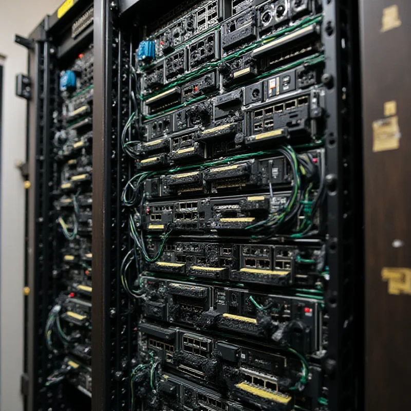 A cluttered server rack with various pieces of equipment, some of which appear to be awkwardly rackmounted.