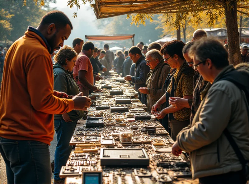 A bustling electronics flea market with vendors displaying various electronic components and devices