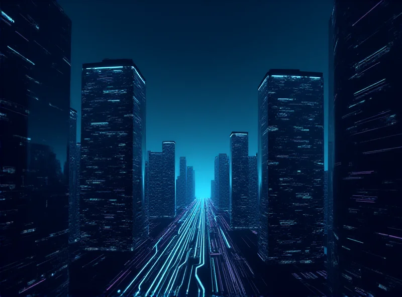 A futuristic cityscape with glowing lines representing data flow and technological advancement.