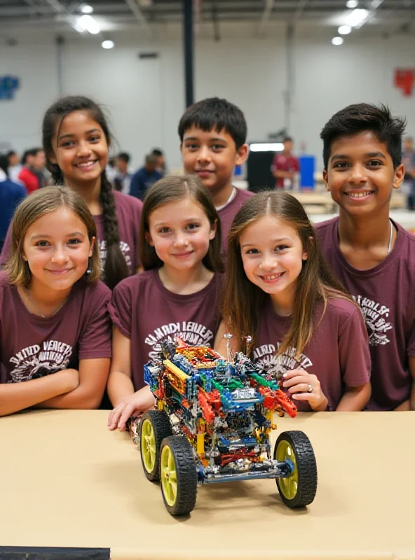 A team of young students standing proudly behind their robot, Jordan, which is on a competition table.