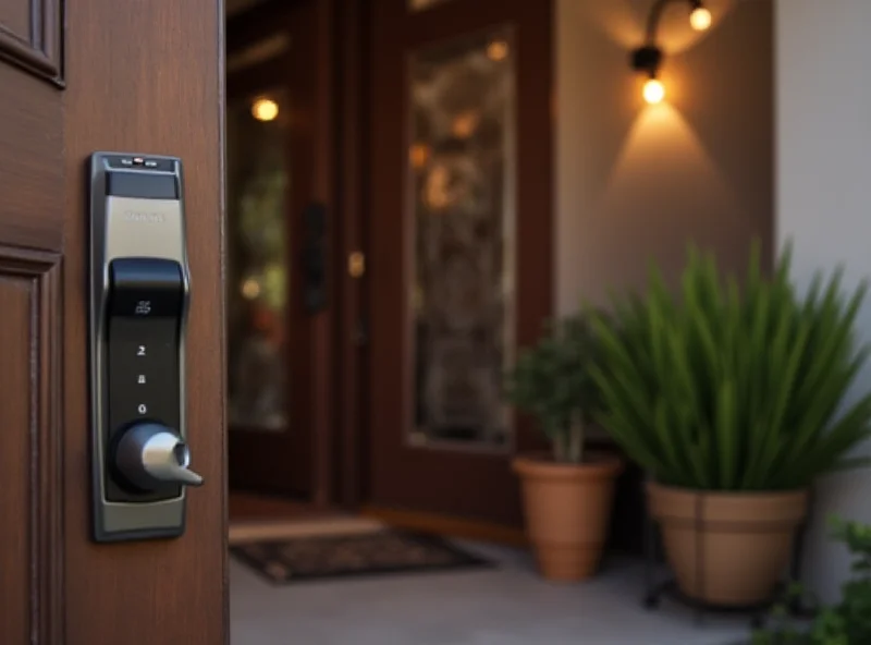 A modern smart lock installed on a front door, showcasing keyless entry.