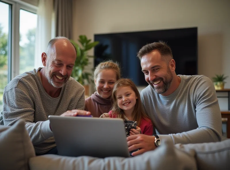 A family using multiple devices connected to high-speed internet in their home.