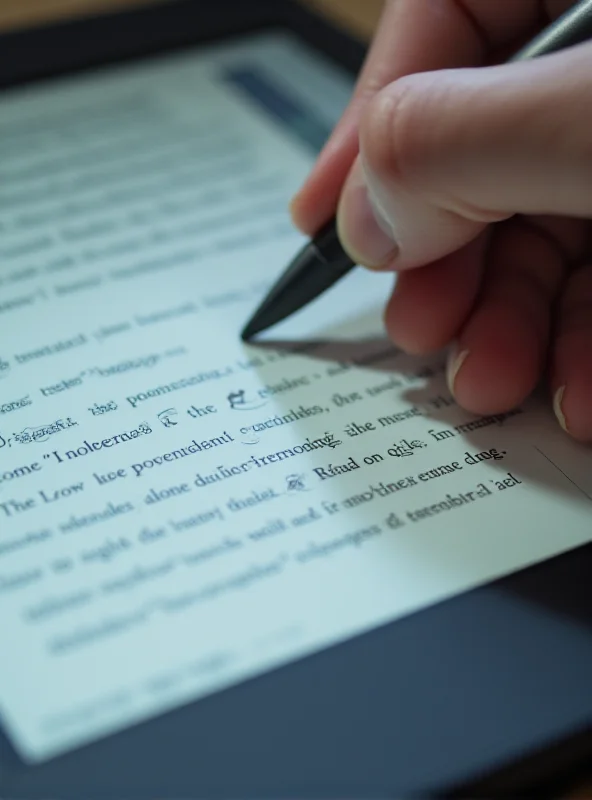 Close-up shot of a hand using the Kindle Scribe pen to annotate a document on the screen.