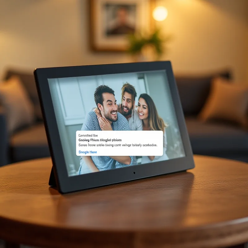 A digital photo frame displaying a family photo, with a notification indicating a problem with Google Photos synchronization.