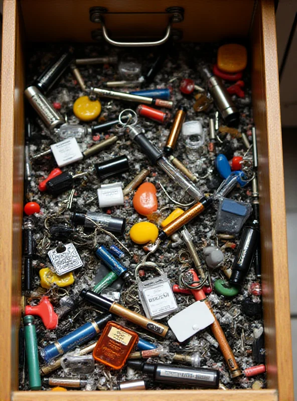 An overflowing junk drawer with various items spilling out