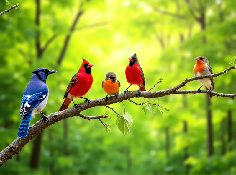 A collection of different bird species perched on branches.