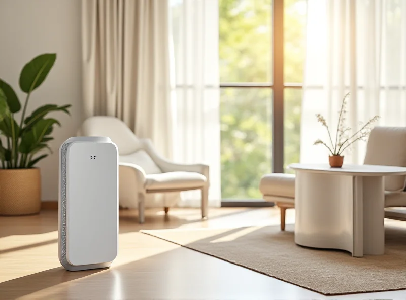 A sleek, modern air purifier sitting in a living room.