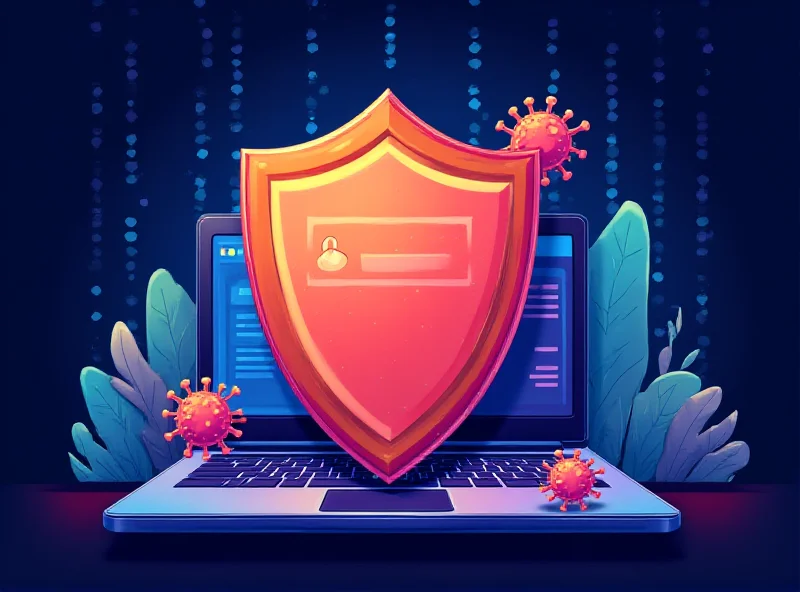 Illustration of a shield protecting a laptop from viruses, representing VPN antivirus protection.