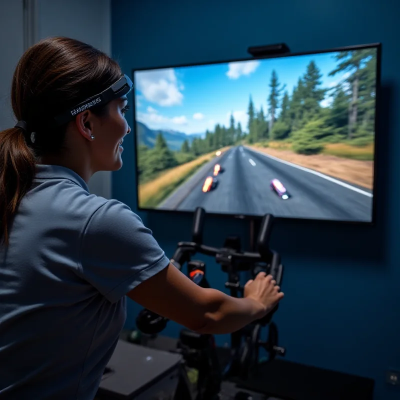 A person wearing the Smash Your Fitness cycling strap while riding a stationary bike, with a virtual racing scene displayed on a screen in front of them.