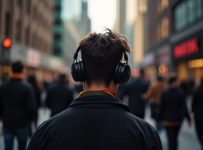 Person listening to music on headphones while walking down a city street