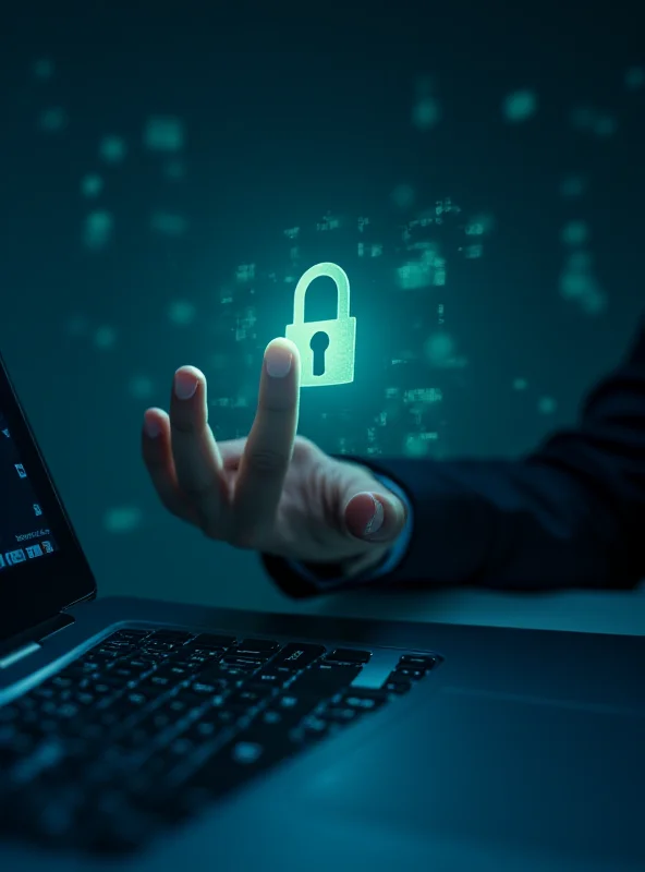 A close up shot of a hand hovering over a keyboard with a padlock icon superimposed on the screen, symbolizing cybersecurity.