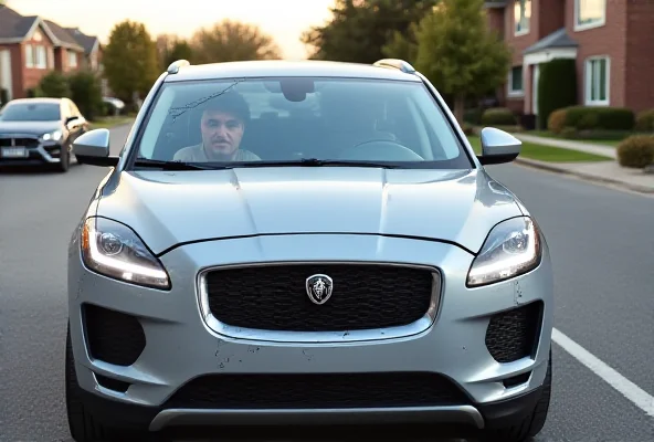 A slightly damaged Jaguar i-Pace electric car parked on the side of a road, with a concerned expression on the driver's face visible through the window.