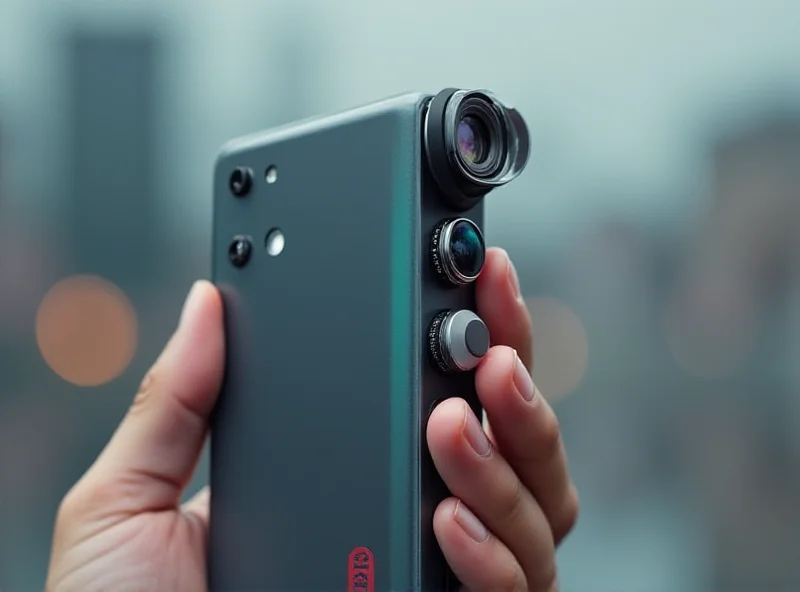 Conceptual image of a Xiaomi modular phone with a lens attachment, showcasing different lens options and highlighting the phone's sleek design.