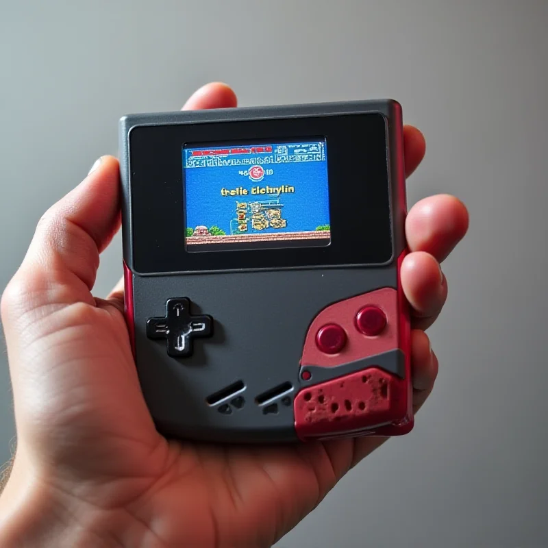 Image of the Retroid handheld device, highlighting its Game Boy-like design and the vibrant AMOLED screen.