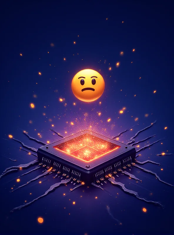 Illustration of a CPU chip with sparks flying and a confused emoticon hovering above it, symbolizing high CPU utilization.