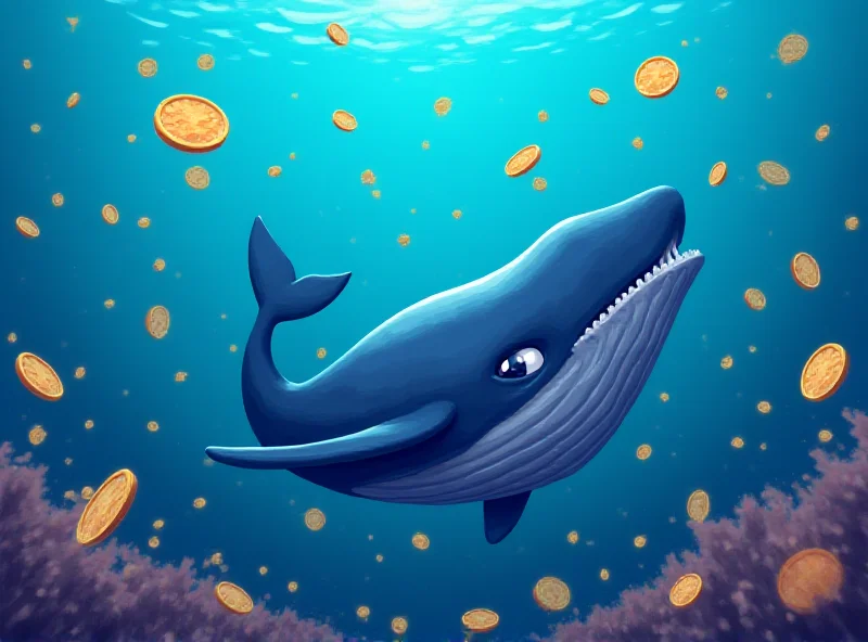 Animated image of a whale swimming with Doge Uprising coins around it.