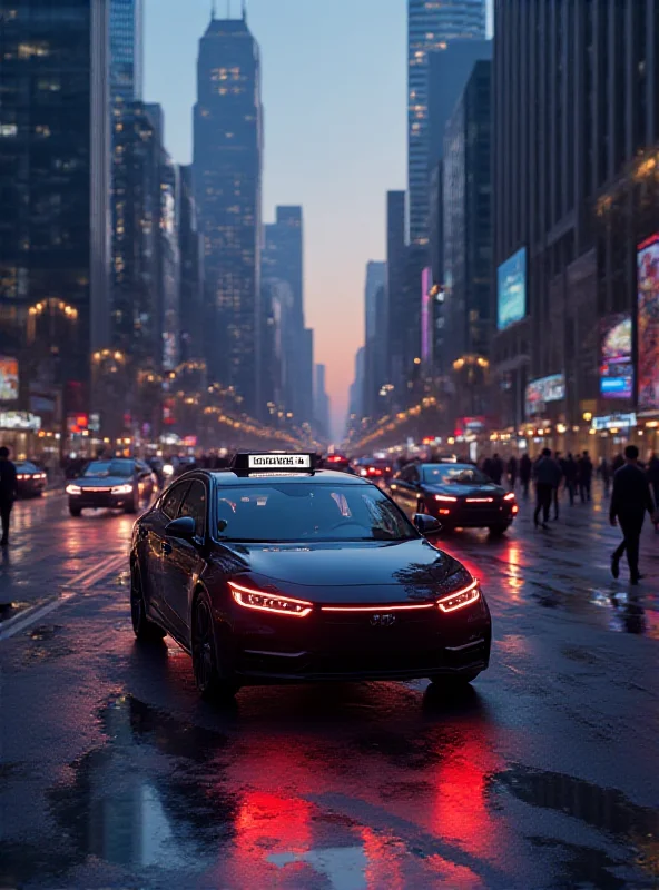 A futuristic self-driving taxi navigating a city street.