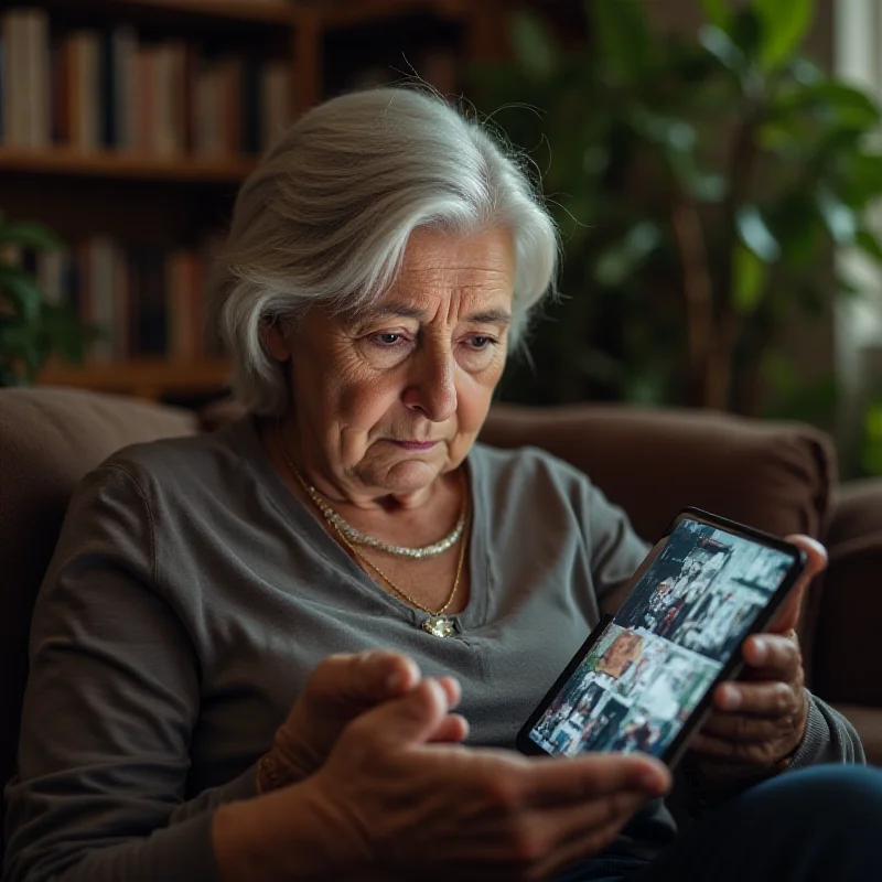 An elderly woman using a tablet with a concerned expression.