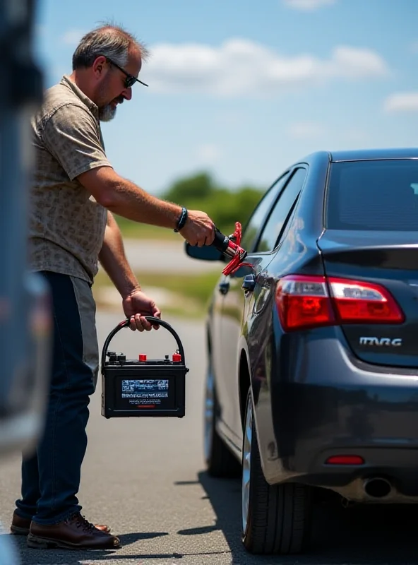 A person using a power tool battery to jump start a car in an emergency situation.