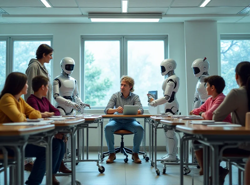 A futuristic classroom scene with robots teaching students alongside human teachers.