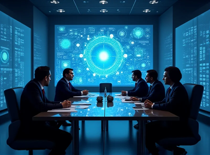 A business meeting with people discussing AI integration strategies, with AI generated graphs on a screen in the background