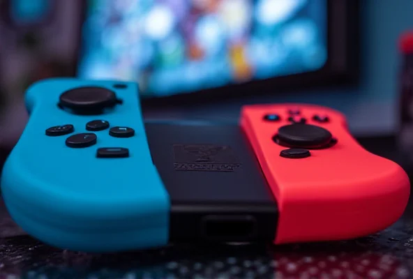 Close-up shot of YUOY Switch Controllers in bright colors, next to a Nintendo Switch console.