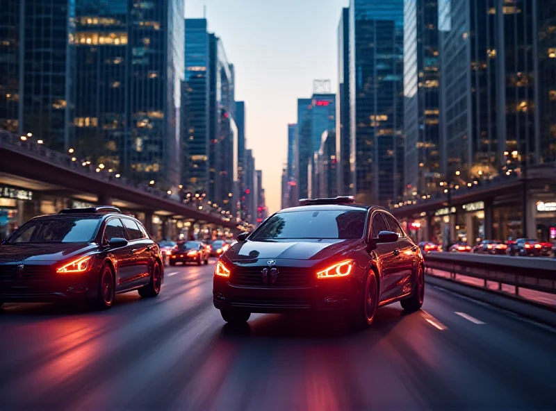 Futuristic cityscape with self-driving cars seamlessly navigating the streets, showcasing advanced sensor technology and AI.