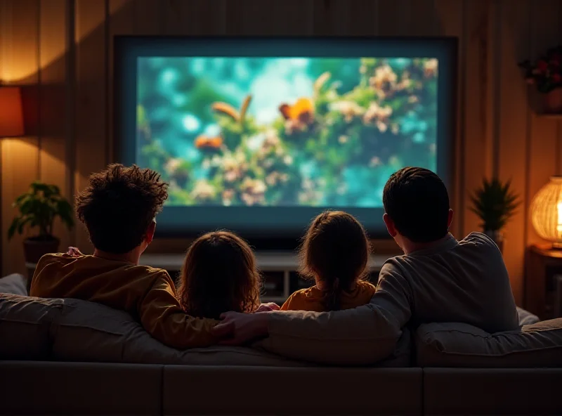 A family watching a colorful nature documentary on a large 4K TV in their living room.