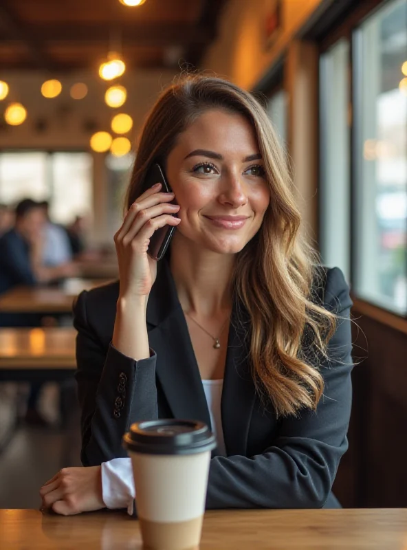 A person smiling while talking on their cell phone in a brightly lit coffee shop.