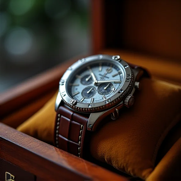 Close-up of a Breitling watch being carefully placed on a watch winder, showcasing the intricate details of the timepiece.