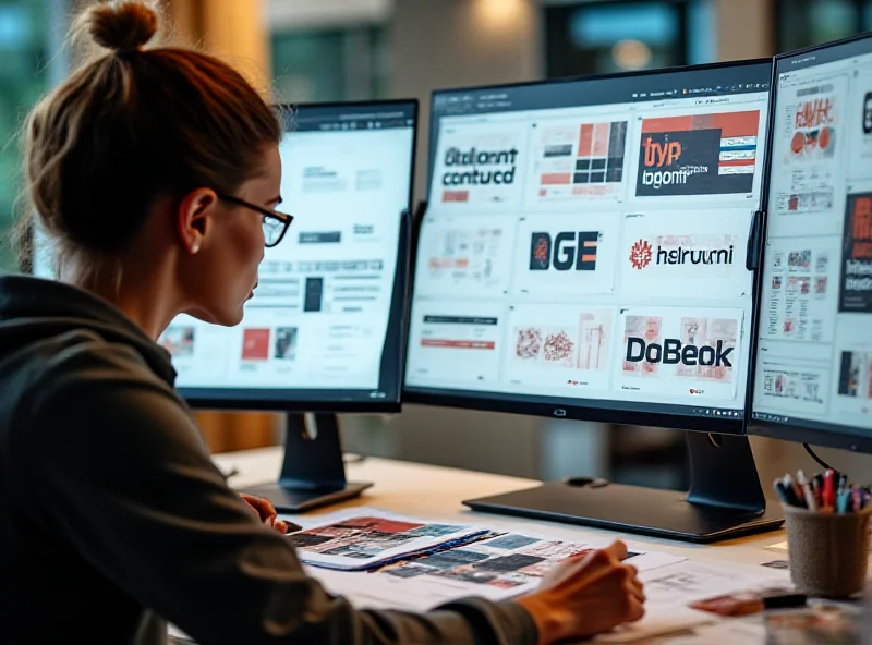 A graphic designer working on a computer with various design elements on the screen