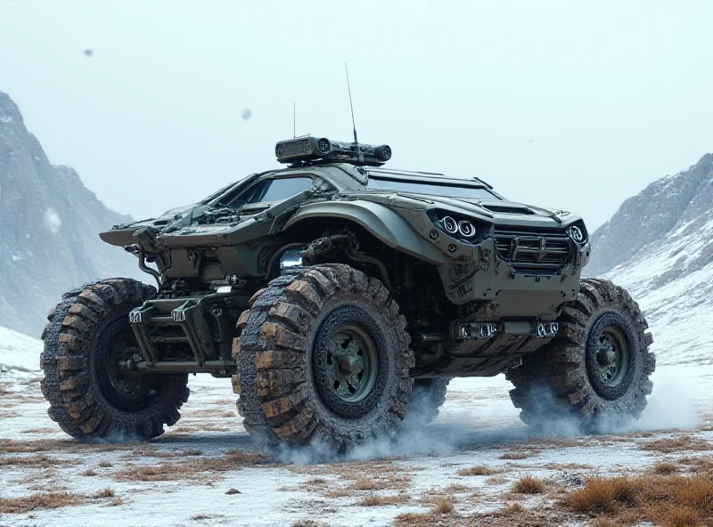 A futuristic military vehicle powered by advanced energy technology, operating in a remote, rugged environment.