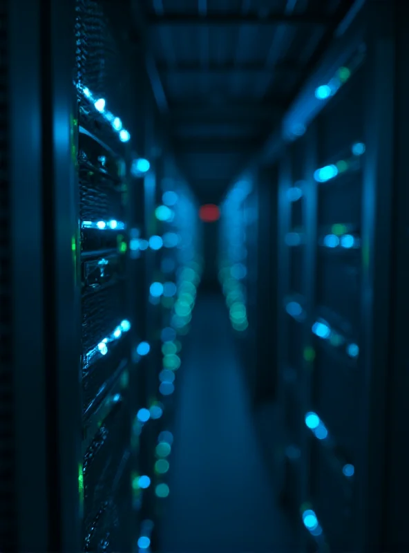 Server rack with glowing lights, symbolizing data storage and hosting.