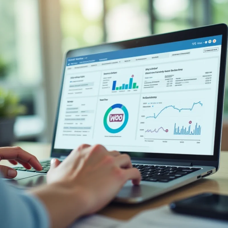 A person using a laptop with a WooCommerce dashboard displayed, highlighting SEO metrics.