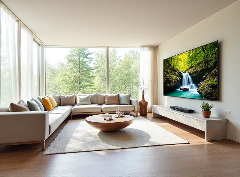 A modern living room featuring a large, vibrant Samsung QLED TV displaying a nature scene.