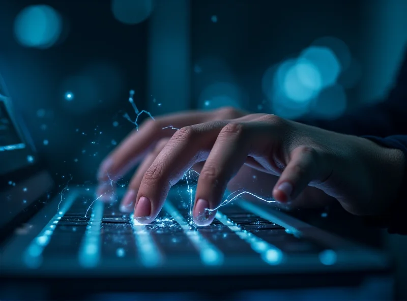 A close-up of a human hand typing on a keyboard with glowing AI circuitry overlayed on the hand.