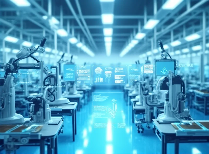 A futuristic factory floor with robots performing various manufacturing tasks, showcasing automation and technological advancements.